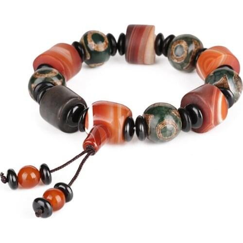 Big tube cylinder brown flat black onyx spacer stone beads beaded tassel end charm tibetan buddhism beads bracelet for man