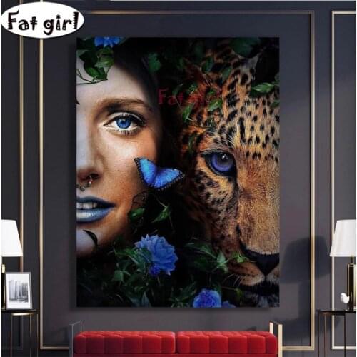 Africa woman and Cheetah 5D round square diamond embroidery blue eye,flower and butterfly Diy diamond painting mosaic home art
