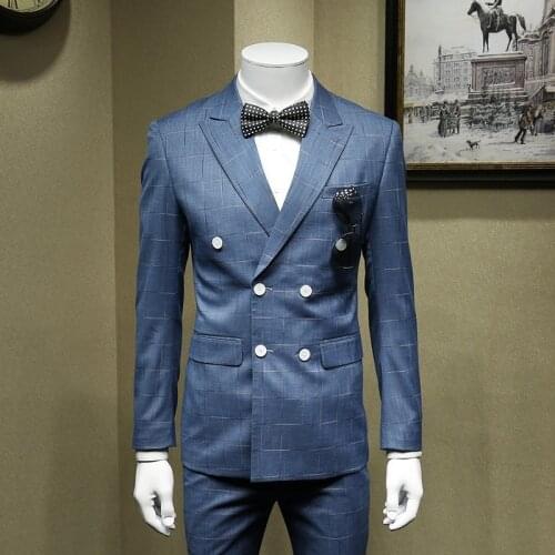 Business Man Formal Banquet Party 3pcs Suit Blue Slim Fit Double Breasted Terno Masculino Groom Marriage Wedding Dress Suits Set