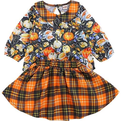 2021 Kids Halloween Outfit, Pumpkin Print Peter Pan Collar Long Sleeves Tops + Plaid Elastic Waist Short Skirt for Girls