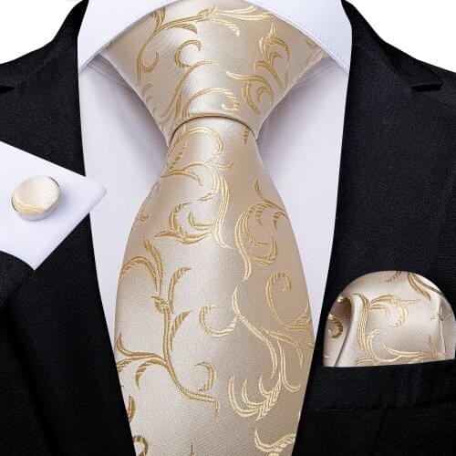 DiBanGu Mens Necktie Light Champagne Novelty Design Silk Wedding Tie For Men Tie Hanky Cufflink Set Business Party Dropshipping