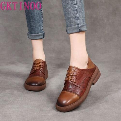 GKTINOO Sneakers Women Genuine Cow Leather Round Toe Lace-Up Ladies Retro Casual Flat Shoes Handmade Loafers