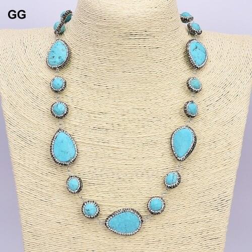 GuaiGuai Jewelry 23" Blue Turquoises Black CZ Paved Gems Stone Necklace For Women