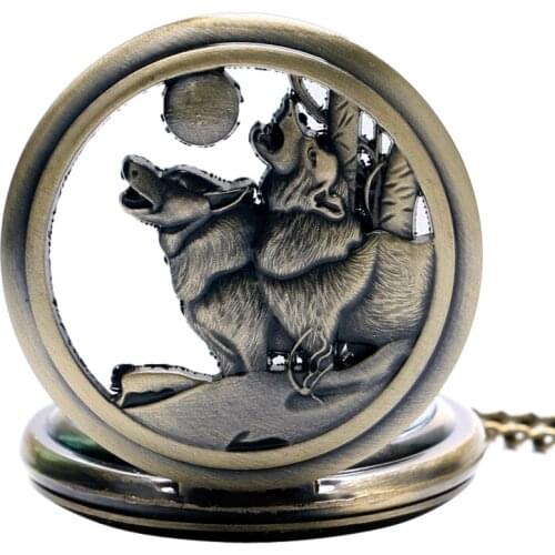 Cool Quartz Pocket Watch Howling Wolf Hound Dog Bronze Copper Retro Women Men Pendant Necklace Chain Gift Relogio De Bolso