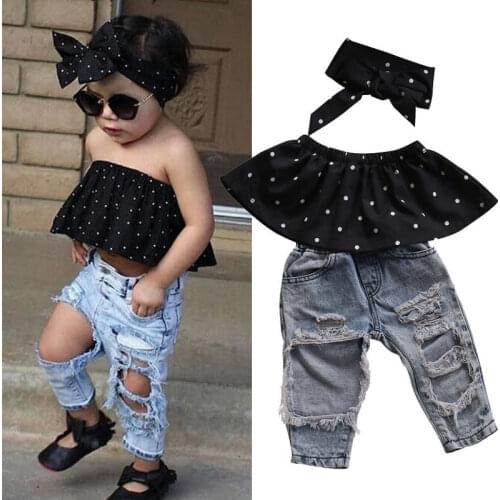 Summer Clothes Sets Infant Girls Sleeveless Pullover Off Shoulder Polka Dot Black Shirt Tops Denim Pant Haedband