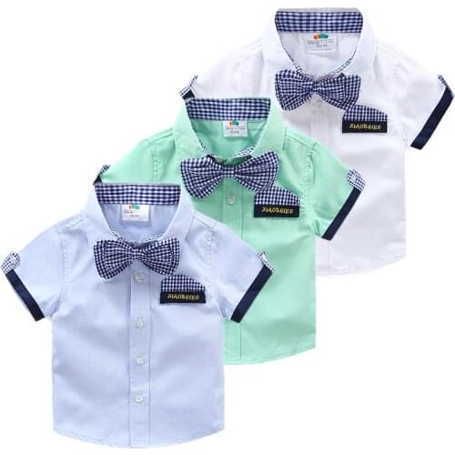 2019 Summer European Style 2 3 4 5 6 7 8 9 10 years ChildrenS Clothing Child Baby Kids Boy Short Sleeve Handsome Bow Tie Shirt