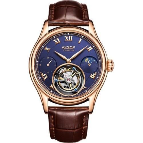 Fashion Moon Phase Business Mens Tourbillon Watch Mechanical Manual Winding Luxury Men Watches 24-hour Sub-dial Sapphire Watch