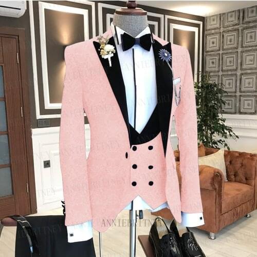Pop Business Pink Suit Men 3 Pieces Jacquard Jacket Vogue Groom Wedding Suit Tuxedo Blazer Double Breasted Vest with Pants Set