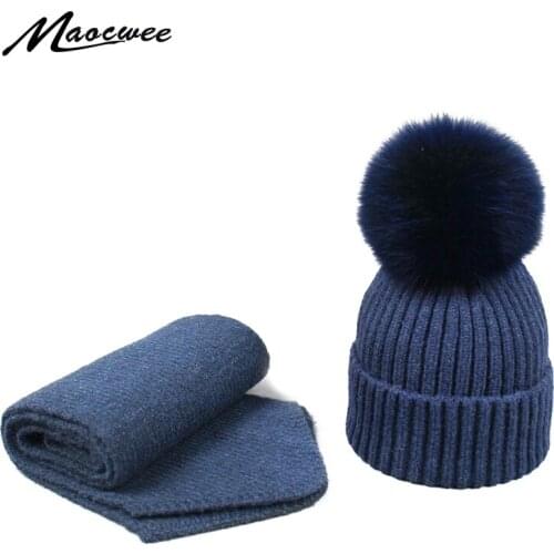 Children Women Hat Scarf Hat Set PomPon Knitted Skullies Beanies Cap Real Fox Ball Autumn Winter Warm Solid Color Striped hats