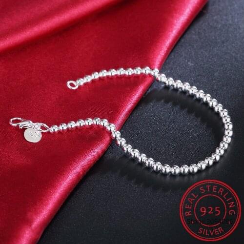 Genuine 100% 925 Sterling Silver Smooth Surface Beads Chain Layer 20cm Bracelet For Women Wedding Jewelry DS1893