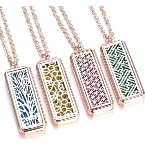 New Rose Gold Rectangle Stainless Steel Aromatherapy Diffuser Necklace Jewelry Perfume Locket Pendant Essential Oil Necklace