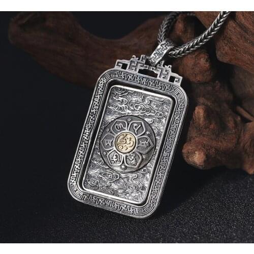 Direct Batch 925 Sterling Silver Six-word Mantra Rotating Pendant Mens Personality Necklace Thai Silver Vintage Pendant Pendant