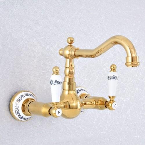 Luxury Gold Polished Brass Basin Faucet 360 Swivel Spout Wall Mounted Bathroom Kitchen Sink Faucet Dual Handles Mixer Tap