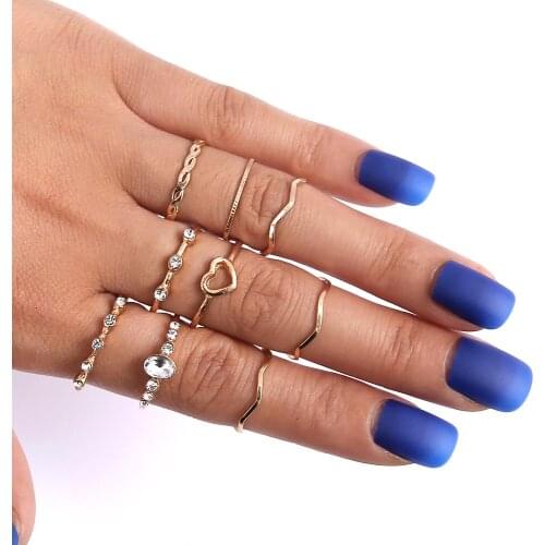 Starose 9pcs Simple Wave Gold Color Hollow Heart Crystal Finger Rings Set Star Joint Ring Toe Knuckle Rings for Women Jewelry