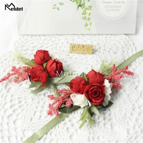 Wedding Boutonniere Man Silk Roses Corsage Red Bridesmaid Bracelet Flowers Witness Buttonhole Suit Accessories broche mariage