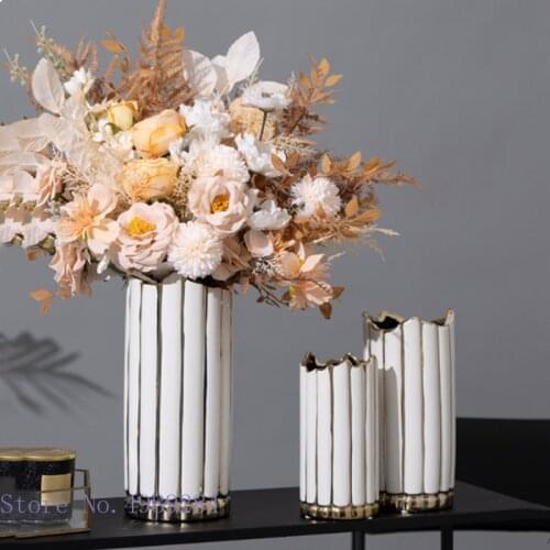 Creativity White Outline In Gold Ceramic Vase Stripe Irregular Hydroponic Flower Arrangement Straight Flower Vases Decoration