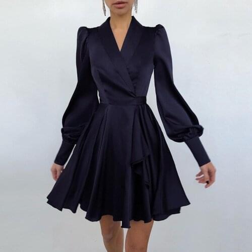 Spring Women Elegant V Neck Lantern Long Sleeve Dress Female Solid Color High Waist Bandage Short Dress Party Vestidos