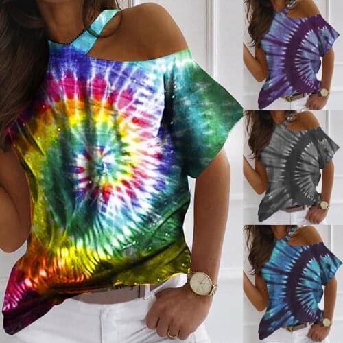 Women Short Sleeve Exposed One Shoulder Round Neck Sexy T-shirt Tie-dyed Printing Blouse Top Daliy All-match Lovely Girl T-shirt