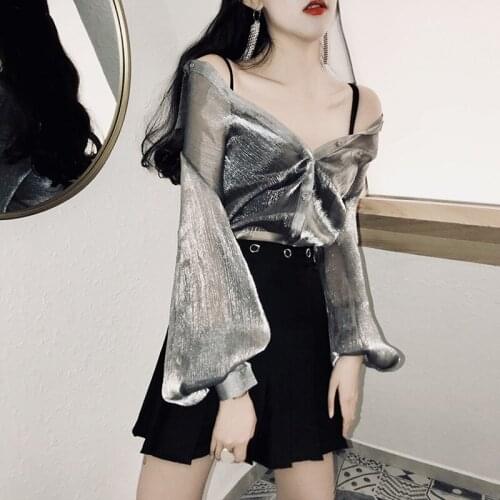 Summer Sexy Fashion Temperament Silver Gray Transparent Loose Sunscreen Thin Shirt Long Sleeve Cardigan Shirt Women