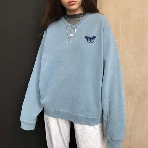 B-TOTO American Retro Haze Blue V-neck Sweater Women Tide Ins Loose Bm Wind Top Butterfly Pattern Loose 2021 New Fashion