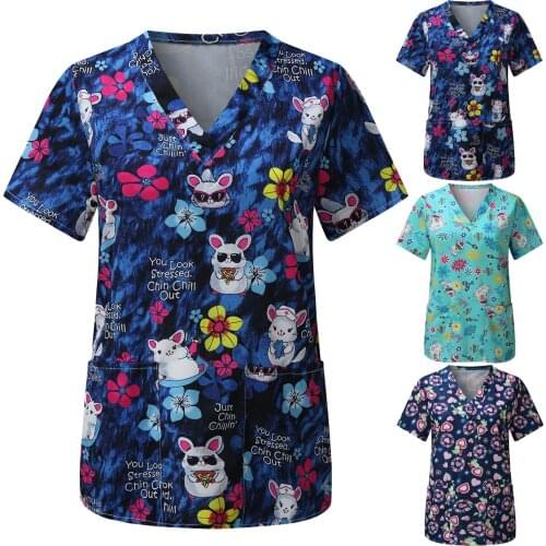 Women Short Sleeve V-neck Carer Top Lovely Animals And Flowers Printing Daily Work Shirt Top With Buttons Neckline Carer T-Shirt