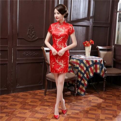 16Color Satin Chinese Traditional Dress for Women Qipao Short Vintage Dragon Print Red China Style Wedding Cheongsam S-6XL