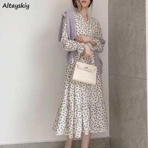 Floral Dresses Women V-neck Sweet Flare Sleeve Mid-calf Girlish Simple Vestidos Korean Style Casual French Stylish Summer Female