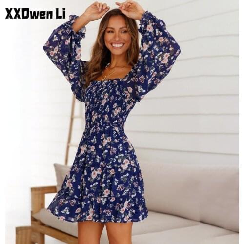 Retro French Print Floral Square Neck Dress Women Autumn Sexy Slim Backless Elegant Long Sleeve Boho Mini Dresses Robe Femme