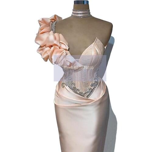 One Shoulder Elegant Pink Mermaid Evening Dress Floor-Length Beaded Lace Prom Dress Robe De Soiree Aibye Night Vestidos Dubai