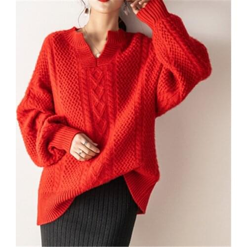 100%goat cashmere thick knit women vintage style Vneck pullover sweater H-straight wide loose lantern sleeve XS-L