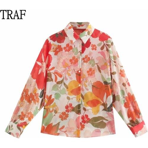 TRAF Za Top women Blouses 2021 Spring Autumn Vintage Floral Long Sleeve Shirts Woman Buttons Elegant Tops Chic Woman Clothing