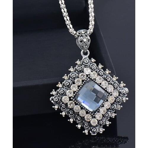 KIOOZOL Vintage Large Square Solid Dark Blue Full Cubic Zirconia Pendant Long Necklace For Women Jewelry Accessories 433 KO4