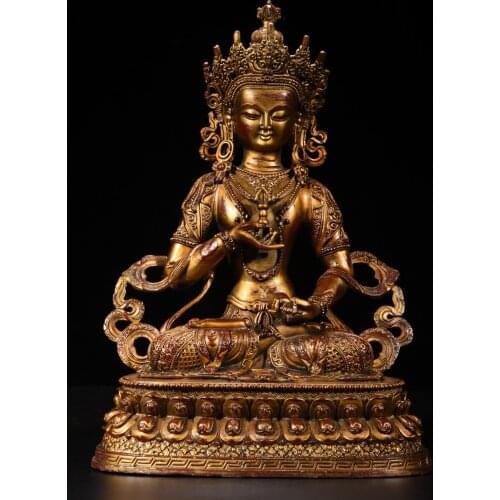 13"Tibet Temple Collection Old Bronze Cinnabar Lacquer Elephant Trunk God of Wealth Sitting Buddha Ornaments Town House