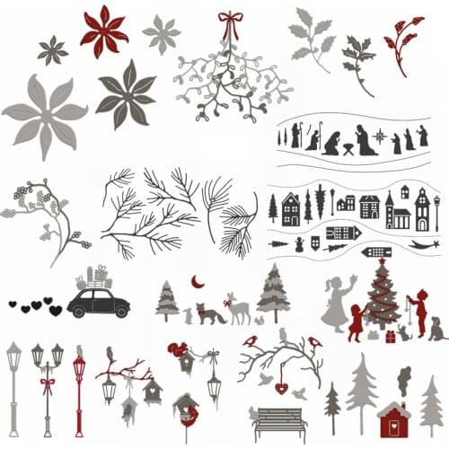 Holly Flower Petals Branch Street Lamp House Cage Car Gift Box Christmas Trees Ornament Critters Cutting Dies 2020 New Design