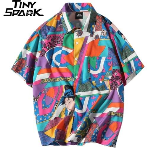 Men Loose Hip Hop Shirt Harajuku Japanese Ukiyo E Anime Shirt Short Sleeve Top Hawaiian Shirt Casual Streetwear Thin Summer 2020