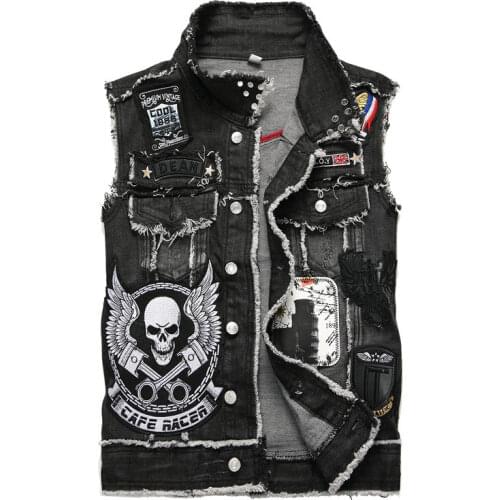 Sokotoo Mens skull embroidery black fringe denim vest Trendy patches patchwork rivet letters slim waistcoat Tank top