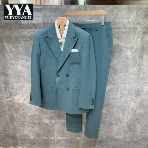 New Double Breasted Slim Green Suit Jackets Mens Notched Pockets Split Casual Pants Korean Style Fashion Mens Business Set