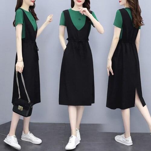 Large Size Summer New Mid Length Loose Fake Two Piece Midi Dress Fashion Casual Dress For Women Vestidos De Festa Robe Femme