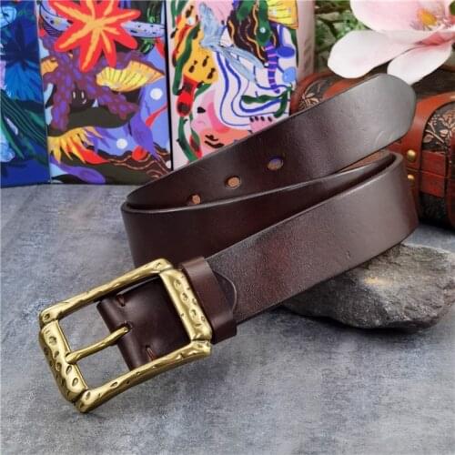 Retro Brass Belt Buckle Leather Belt Men Ceinture Cowboy Jeans Men Belt Leather Genuine Vintage Long Belt For Men Wide MBT0602