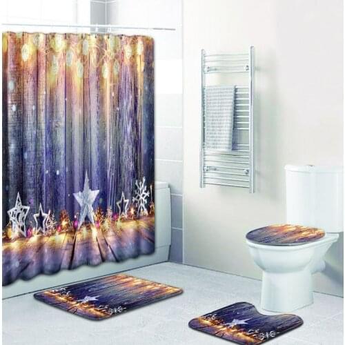 Christmas Home Decor Bathroom Carpet Rugs Bath Mat and Shower Curtain Set Toilet Lid Cover Mat Anti-slip Bathroom Foot Mat