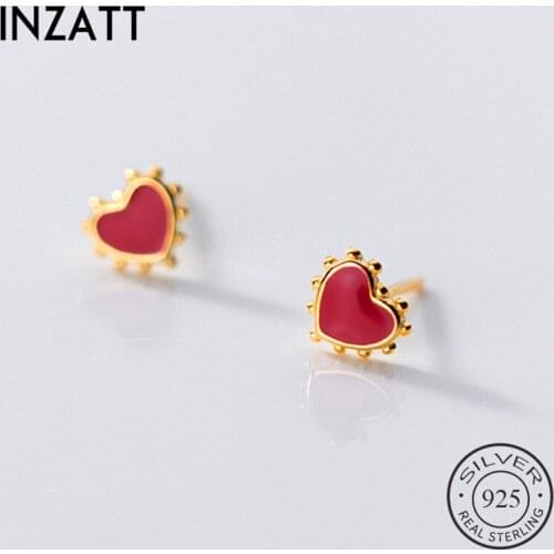 INZATT Real 925 Sterling Silver Bead Red Heart Stud Earrings For Fashion Woman Cute Fine Jewelry MInimalist Accessories Gift