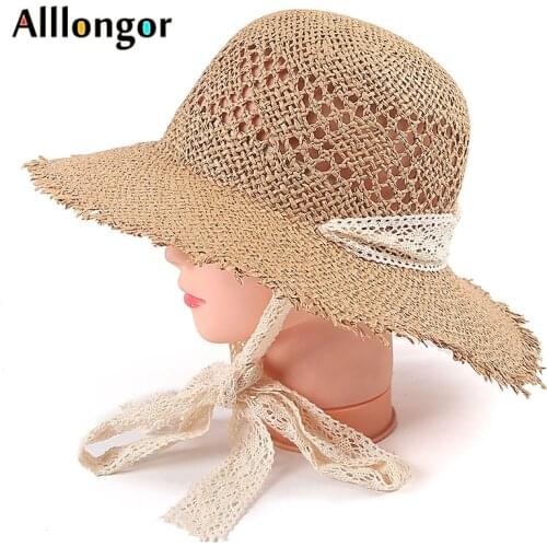 Womens Summer Hat 2021Beach Panama Female Sun Straw Hat Lace Ribbon Wide Brim Sombreros de sol Sun Protection Visor Ladies Cap