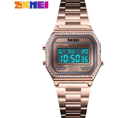 SKMEI Vintage Women Digital Watch Luxury Crystal Stainless Steel Ladies Wristwatches Relogio Feminino Reloj Mujer 1474 Clock