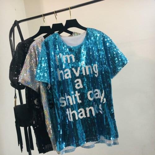 Loose Heavy Beaded Letters T-Shirts Sparkling Sequins Short Sleeve Tees Loose O-Neck Dance Show Tops Harajuku Shirt Plus Size