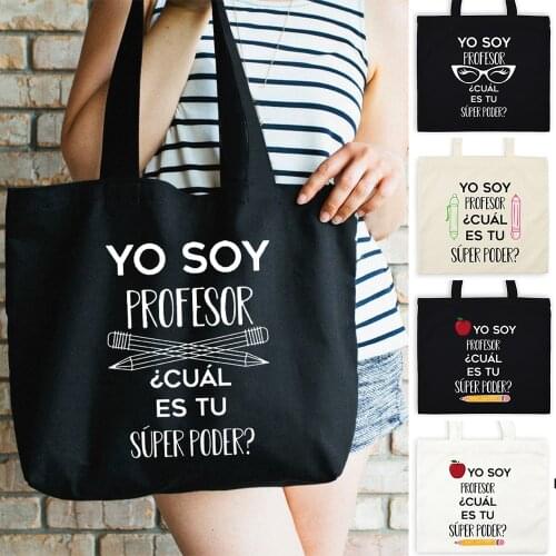 Yo Soy Profesor Cual Es Tu Superpoder Canvas Shopping Shoulder Zipper Bag Reusable Handbag Tote Bags Storage Teacher Life Gift