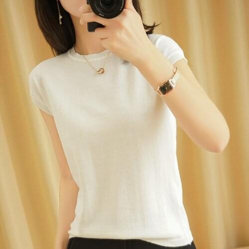 T-shirt women 2021 summer new pure cotton ladies top casual round neck knitted sweater short-sleeved solid color top tees hot