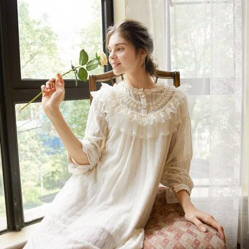 Women Solid Palace Style Nightgown Female Autumn New Long Skirt Elegant Lace Sleepwear Lounge Dress Casual Leisure Home Clothes