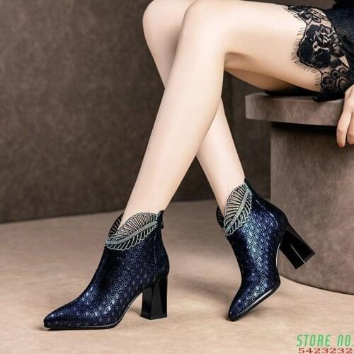 Rhinestone Ankle Boots Woman 2020 Short Boot Womens Plush Booties Winter Shoes Block Heel Female Footware Peacock Pattern BLUE