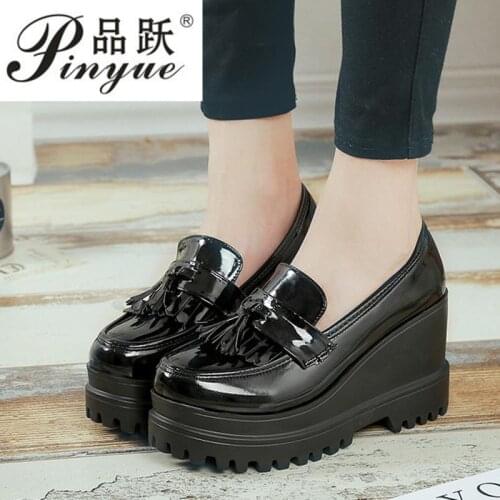 Womens Autumn Platform Creepers High Heels Tassels Womens Shoes Ladies Leather Wedge Shoes