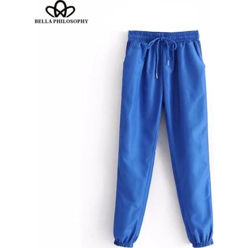 HStar 2020 Spring Women Casual Straight Pants Spliced Striped Loose Long Pants Loose High Waist Drawstring Pants